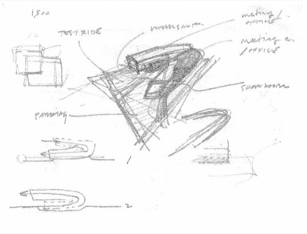 The original sketch of the Honda Big Wing building