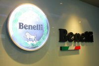 The Benelli logo display inside the Bangkok Benelli showroom, you can read more about Benelli in Thailand here [story:Benelli-opens-its-first-store-Thailand Benelli opens its first ‘Flagship store’ in Thailand]